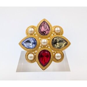 Vintage TAT Teardrop Rhinestones Scarf Clip Holder Gold Tone Signed